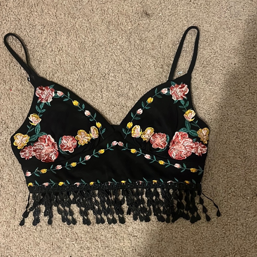 Fringe cropped embroidered top